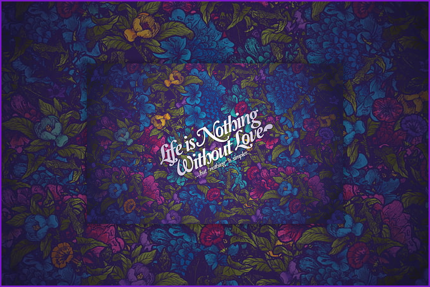 White calligraphic text on a background of colorful flowers.