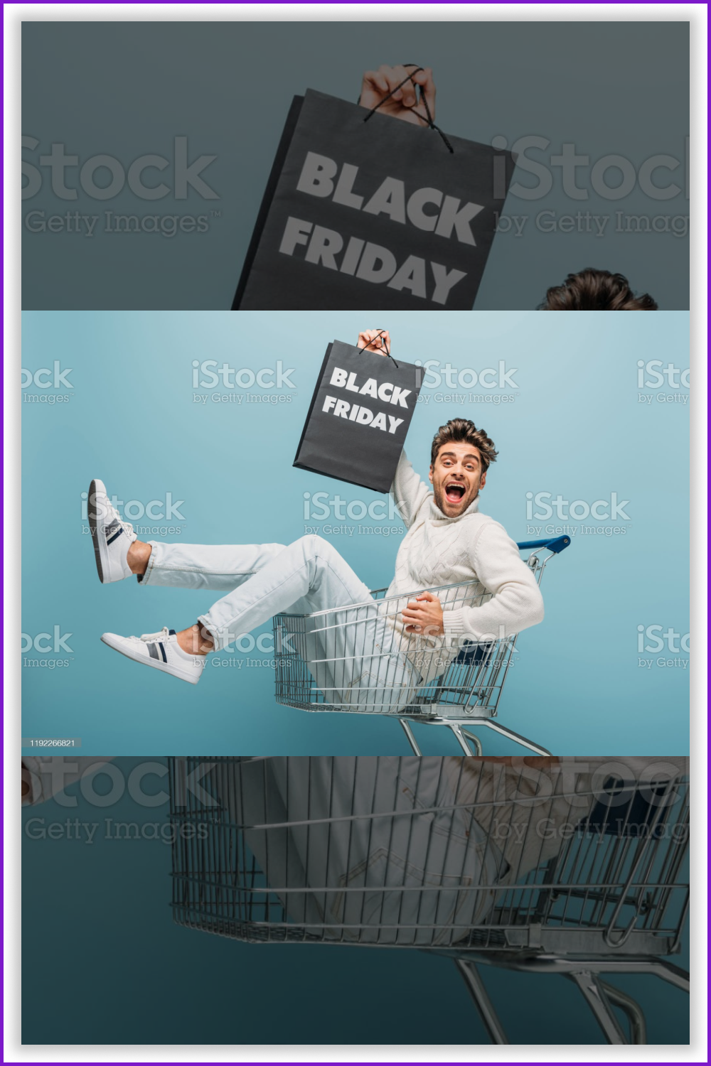 Happy man with a paper bag in the shopping cart on the blue background.
