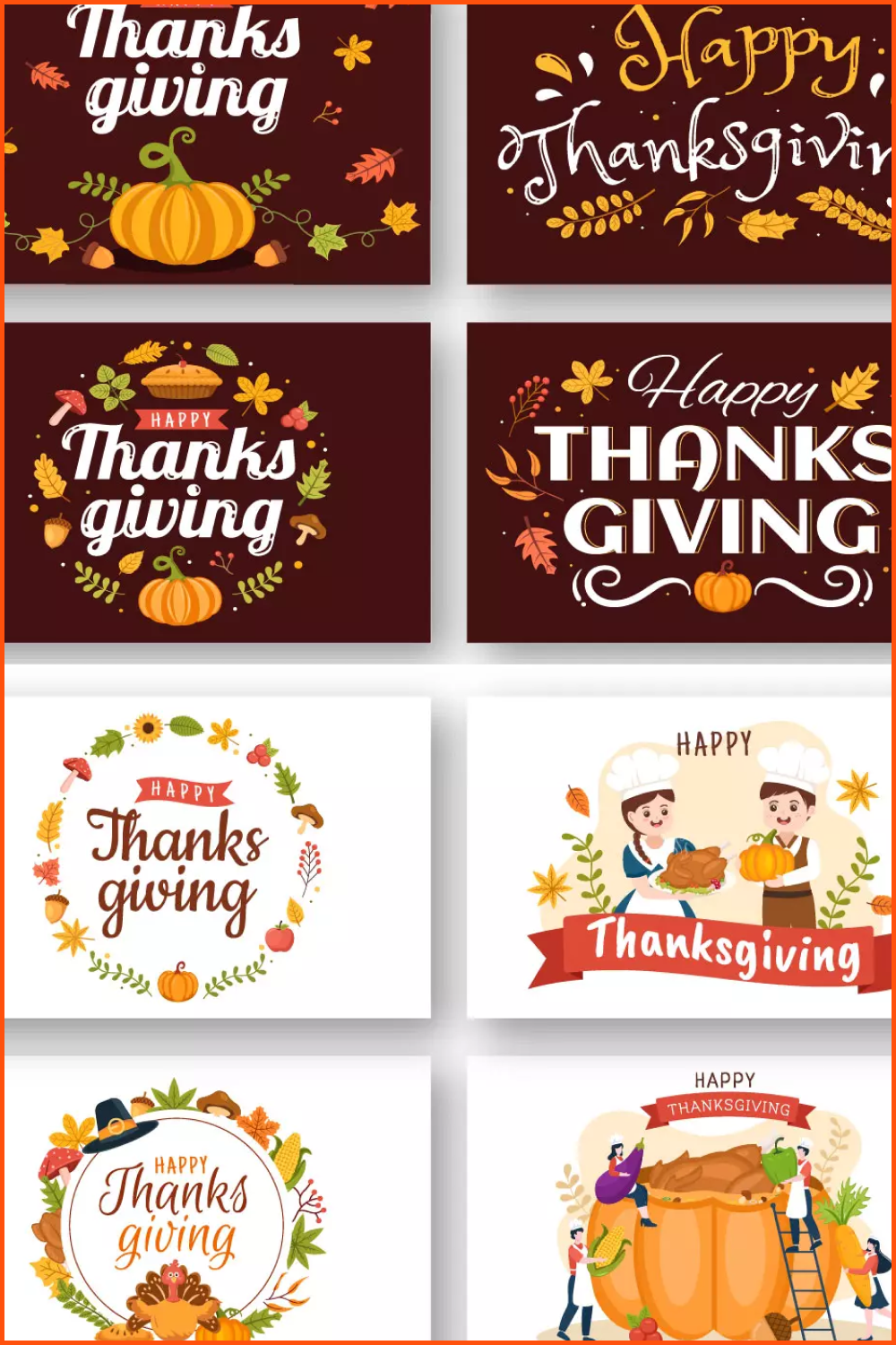 Collage of images of pumpkins, children, turkeys and thanksgiving day inscriptions.