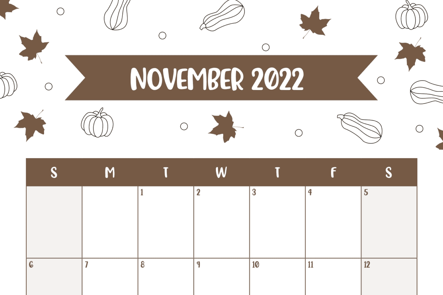 November calendar with white background and brown pumpkins and leaves.