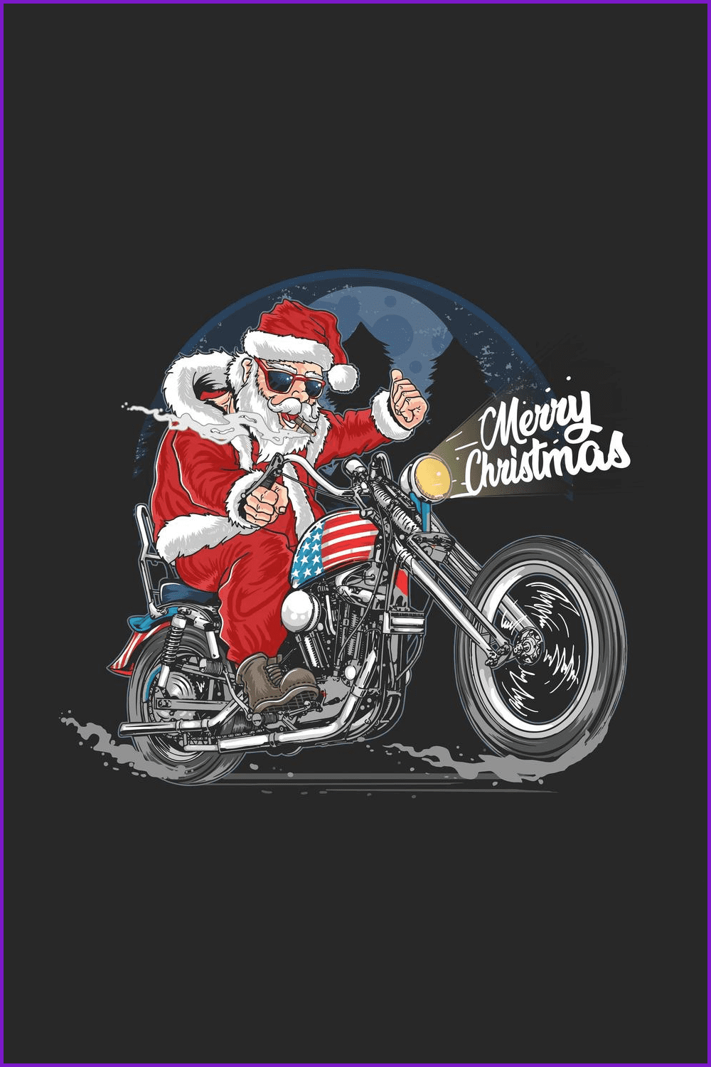 Santa Claus on a motorcycle with a cigar and an American flag.