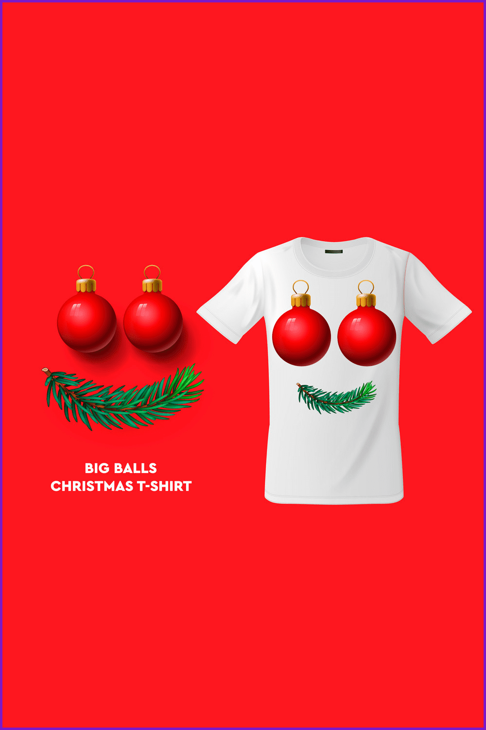White T-shirt with two red Christmas balls and a green spruce branch.