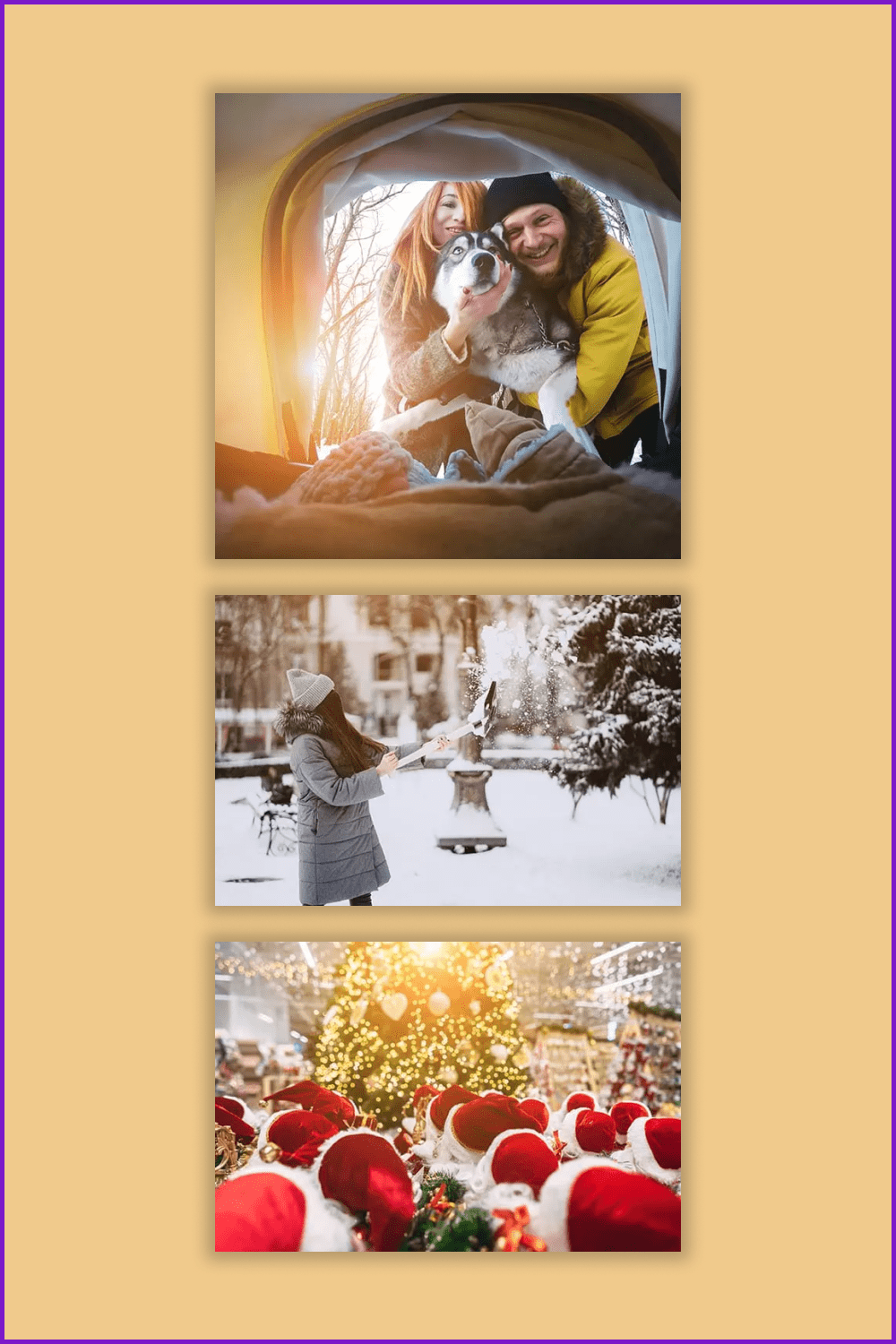 Photo collage of Christmas events with snow and Santa Clauses.