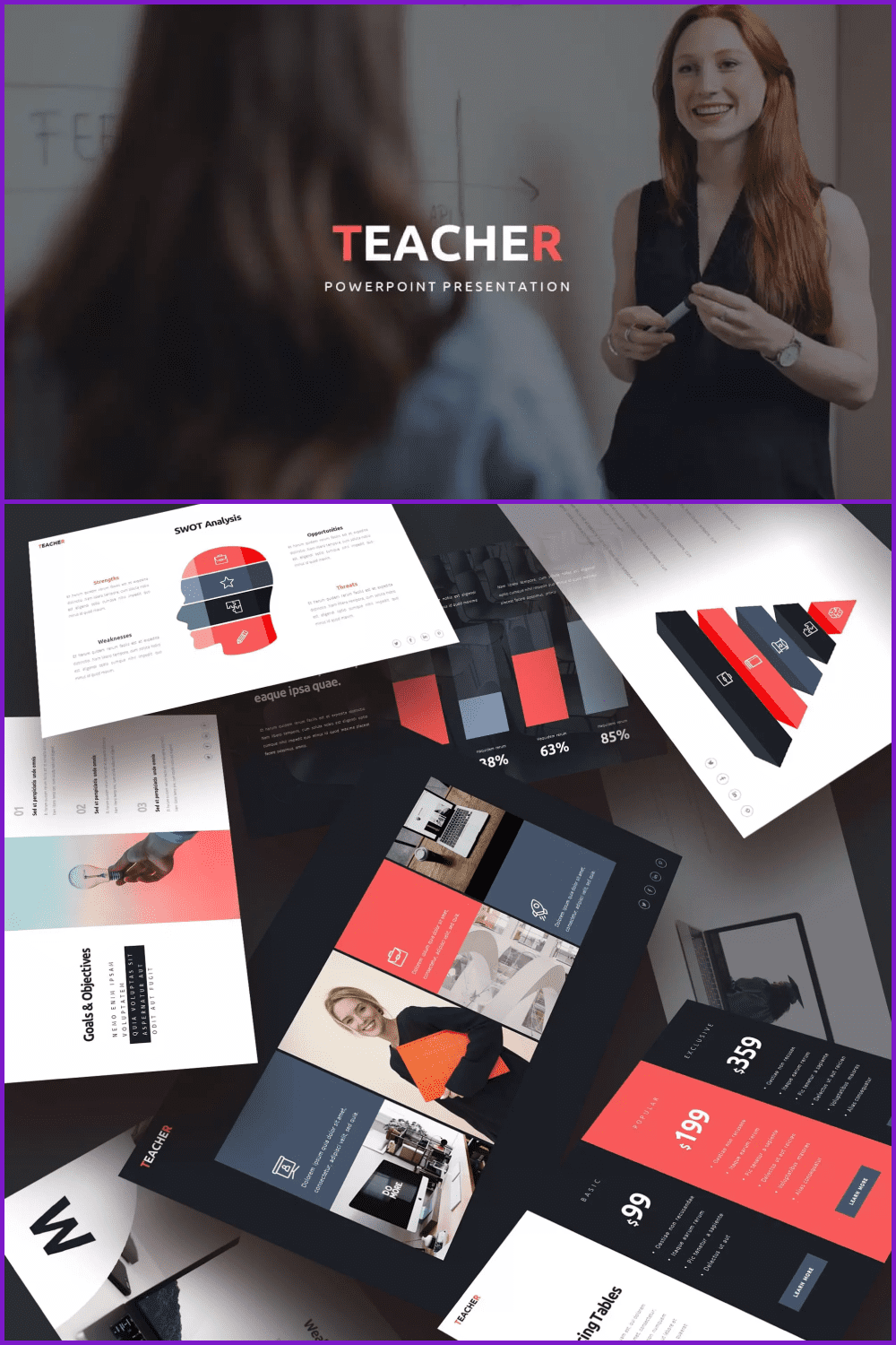 Collage of presentation pages with photos of the teacher and black and white red accents.