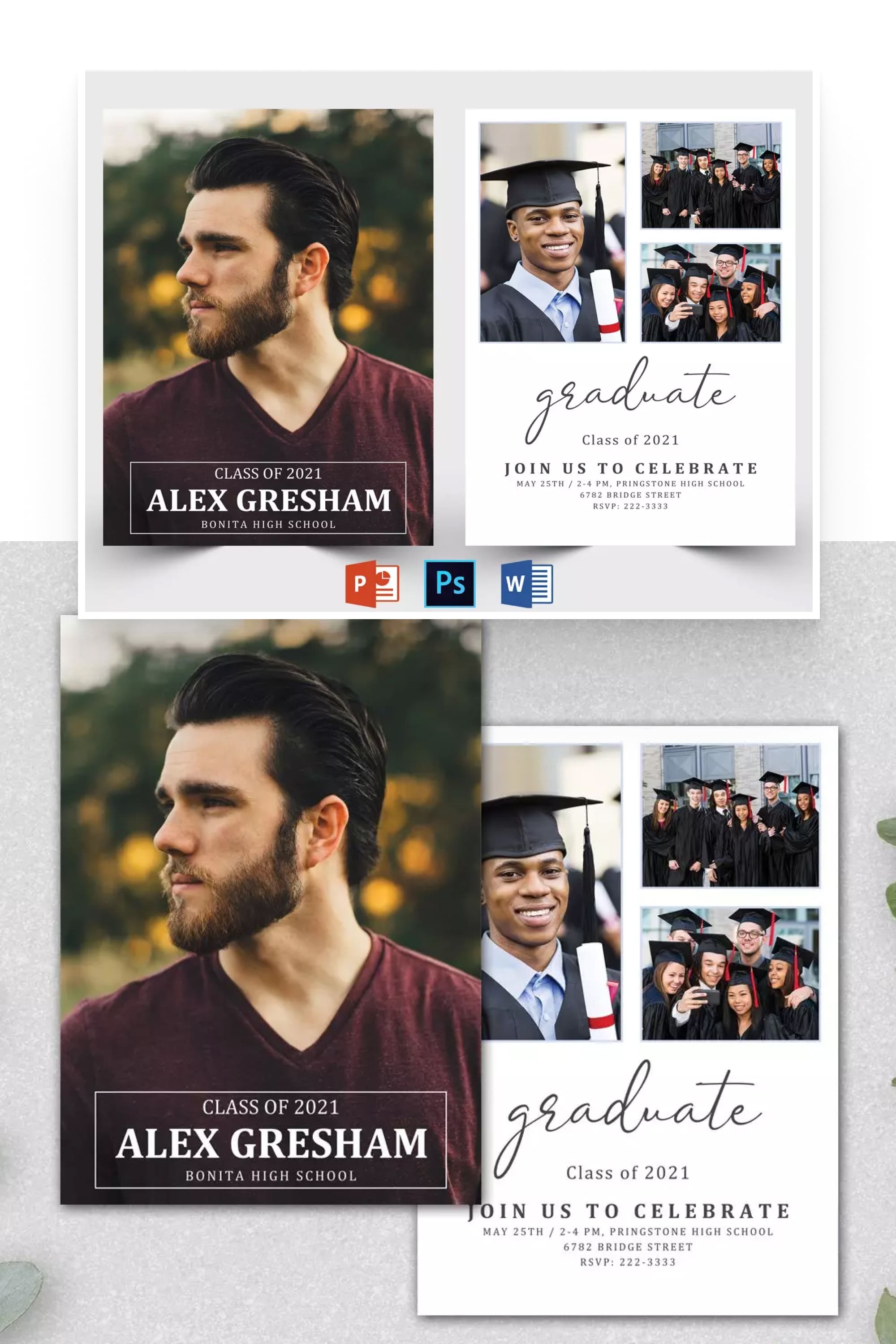 A collage of graduation invitation images with photos of a group of students and one student.