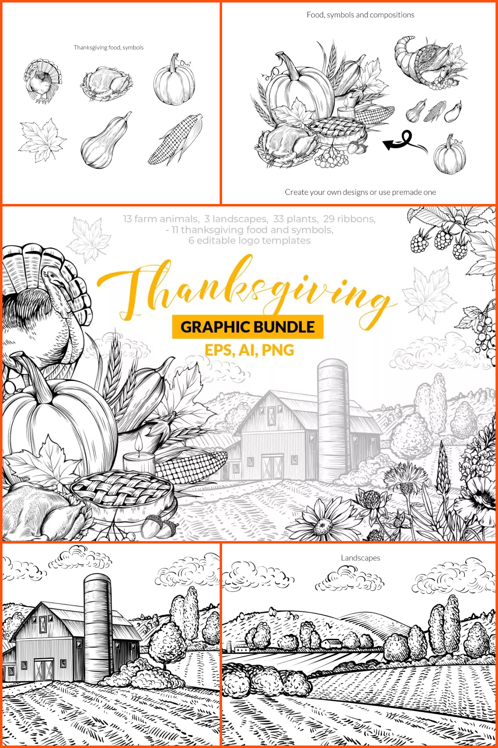 Collage of sketches of images of pumpkins, farms, fields for Thanksgiving.
