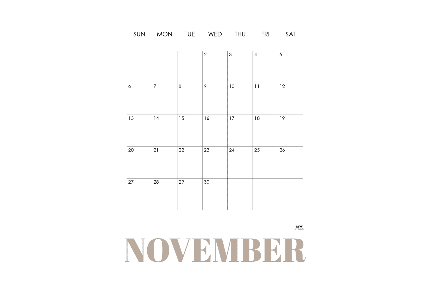 November calendar with white background and minimalist style.