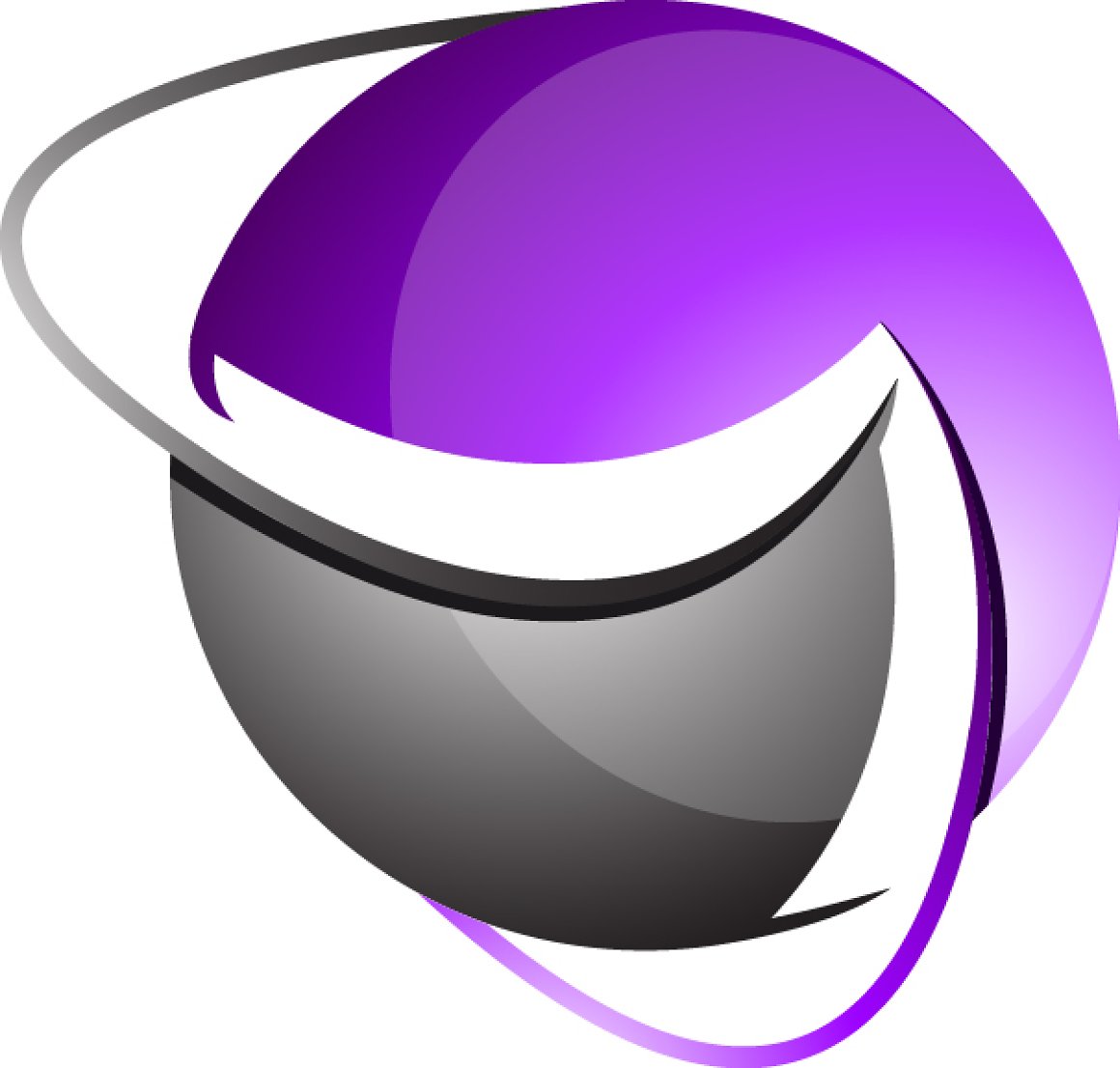 Purple and gray 3D sphere logo on a white background.