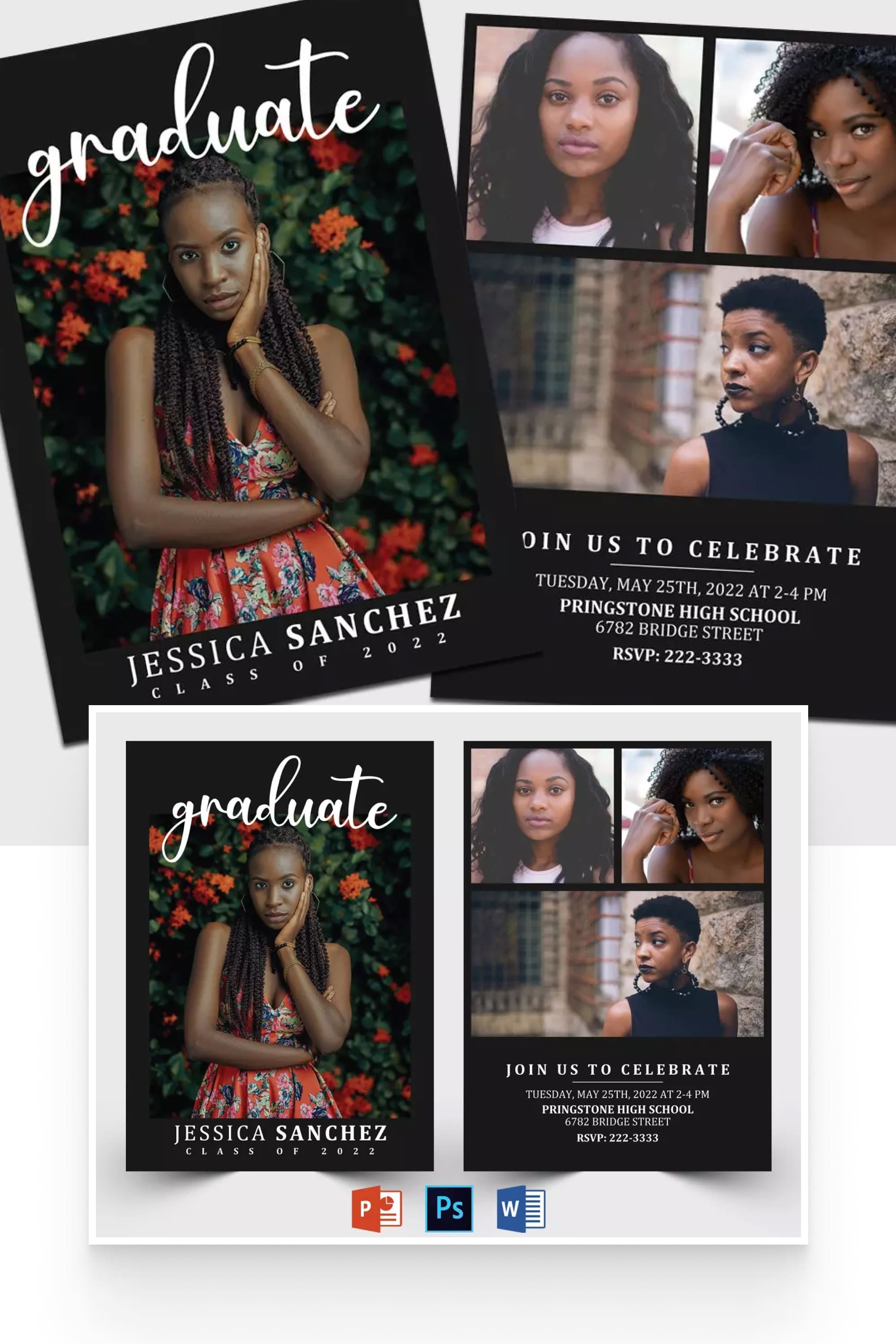 A collage of images of graduation invitations with a photo of a girl in a colorful dress in flowers.
