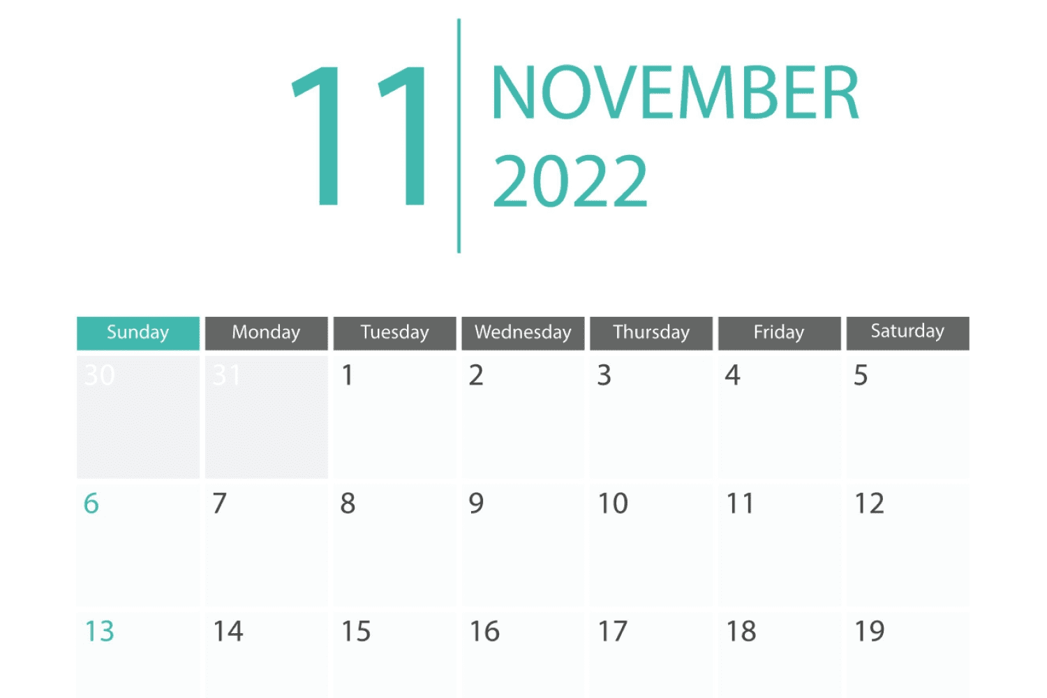 November calendar with white background and large green heading.