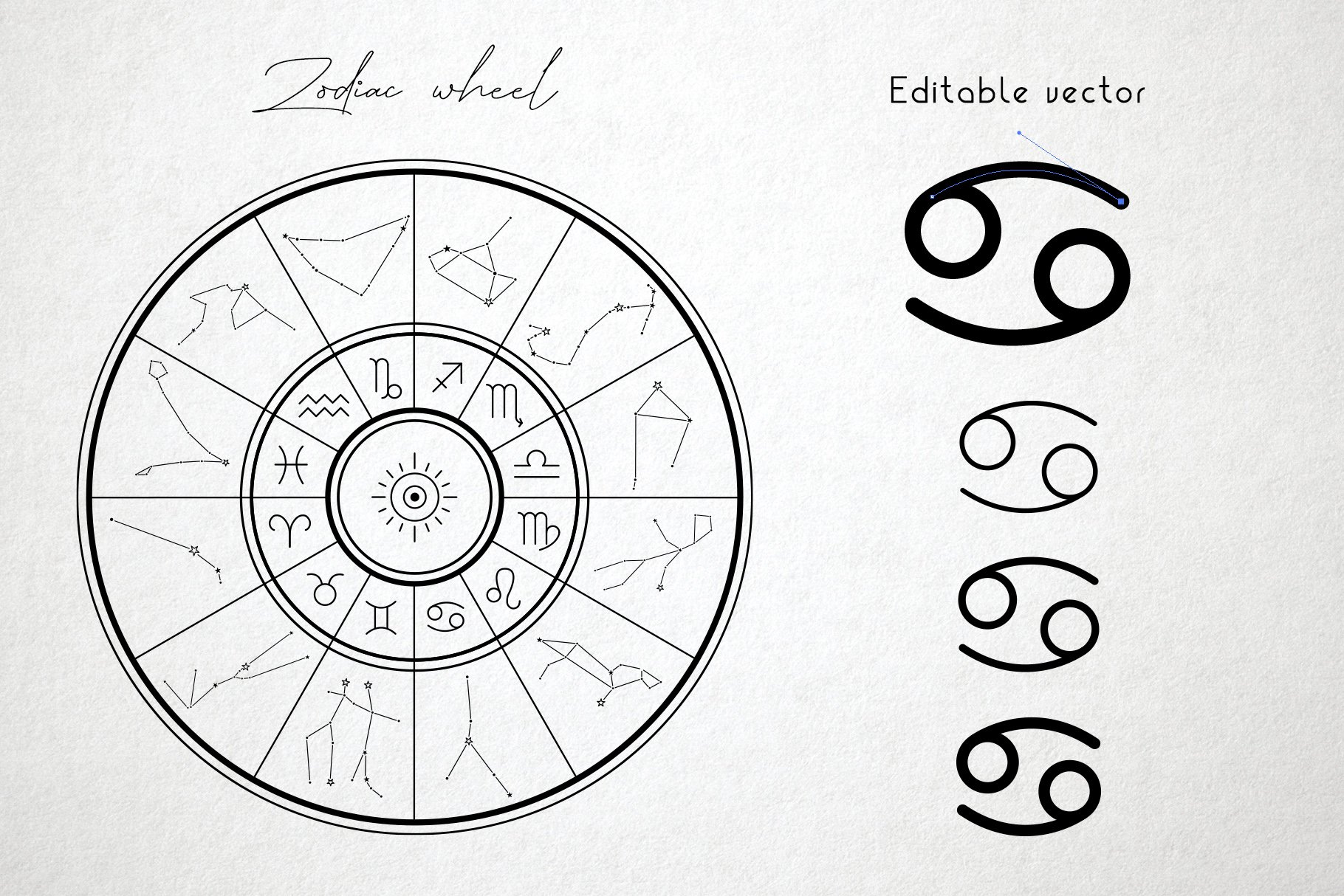 Laconic zodiac wheel with the most popular types of zodiacs.