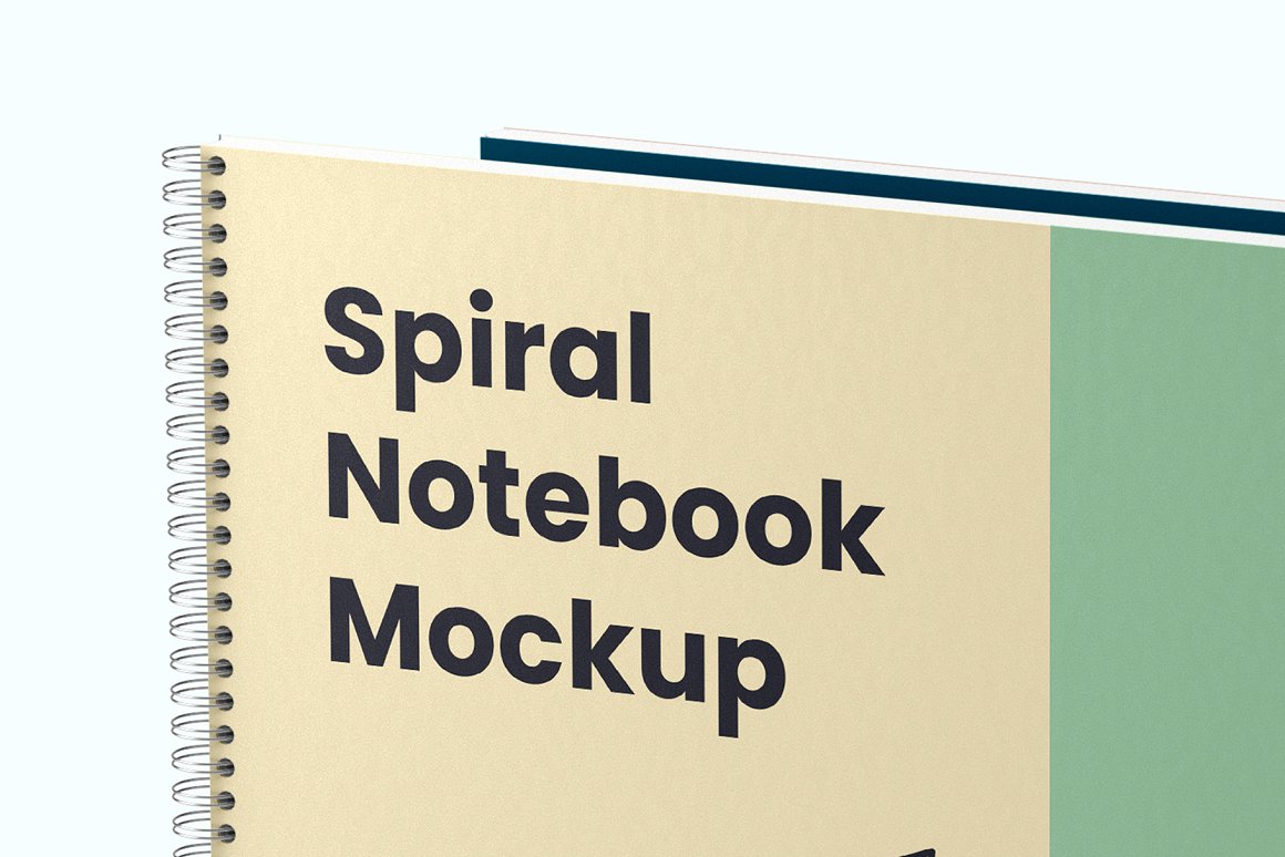 Mockup details of a beige and green spiral notebook and a blue spiral notebook on a white background.