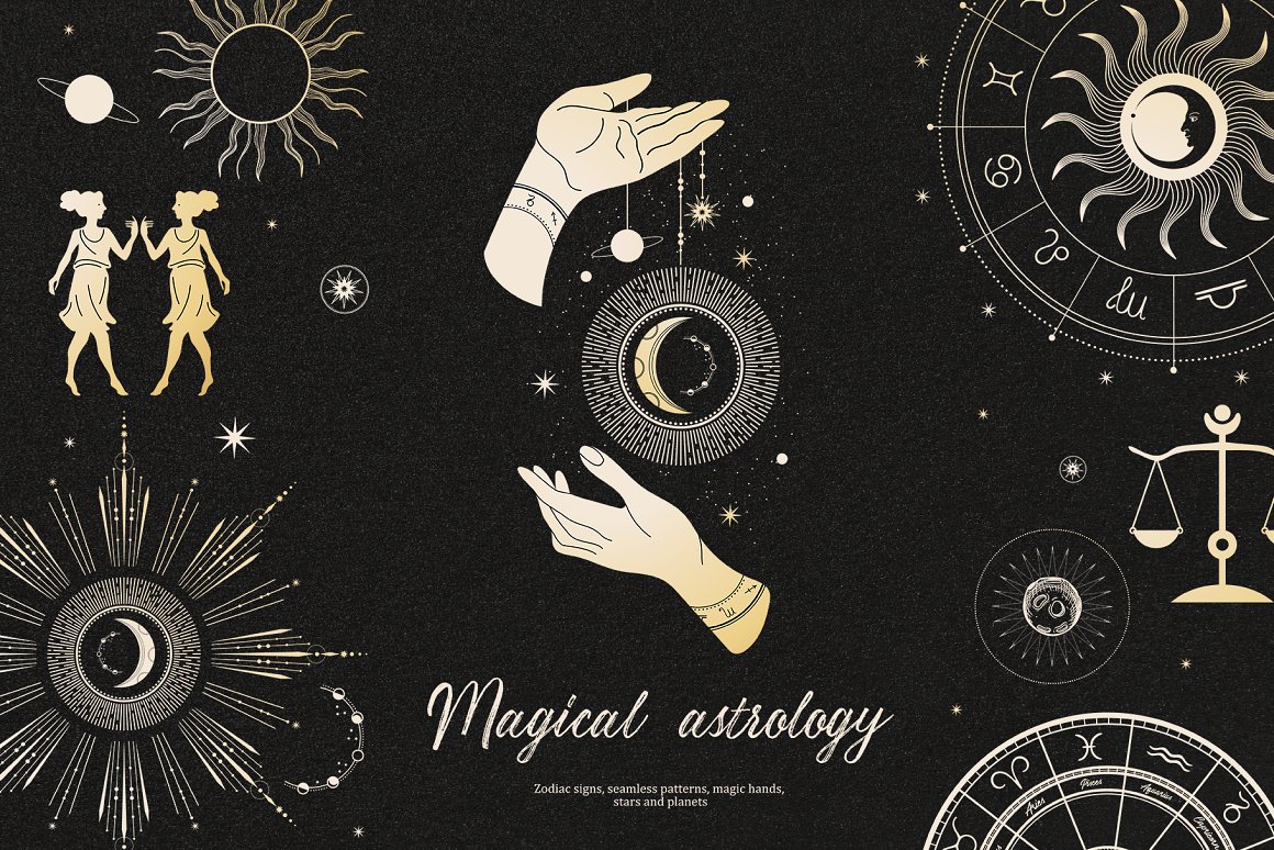 White lettering "Magical Astrology" and magic hands on a black background.