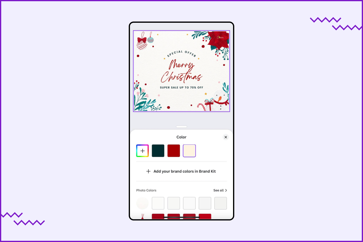Editing of the Christmas card and color picker in Canva app.