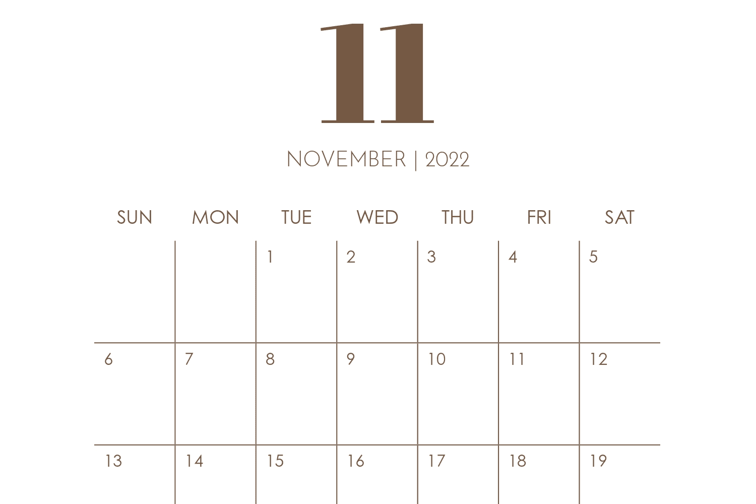 November calendar with white background and brown lines separating dates.