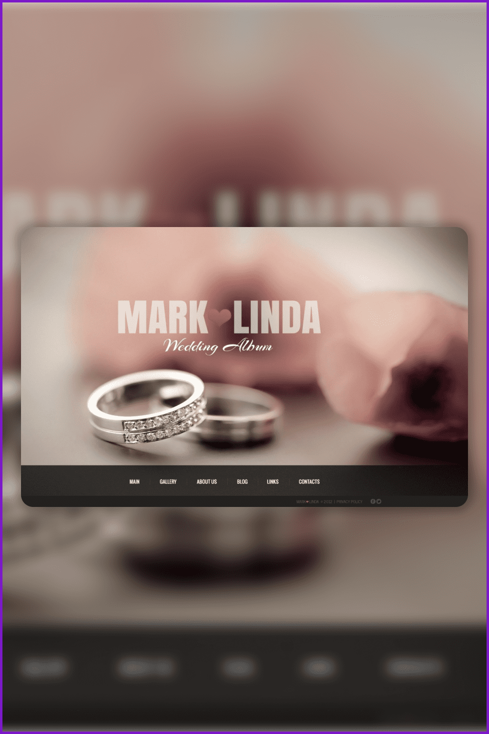 Screenshot of the main page of the site with a large photo of wedding rings on a background of roses.