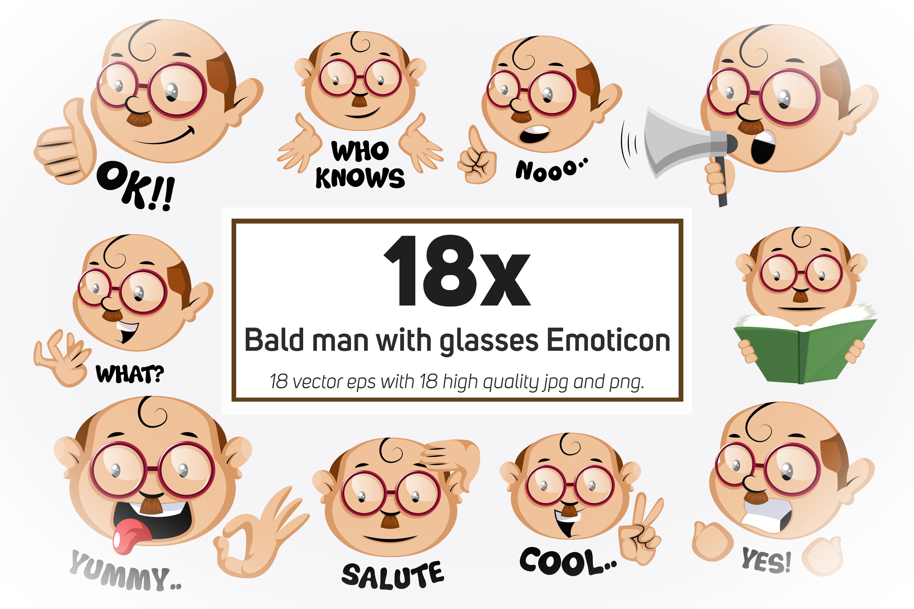 Cover of gorgeous images of bald men with glasses emoticon.