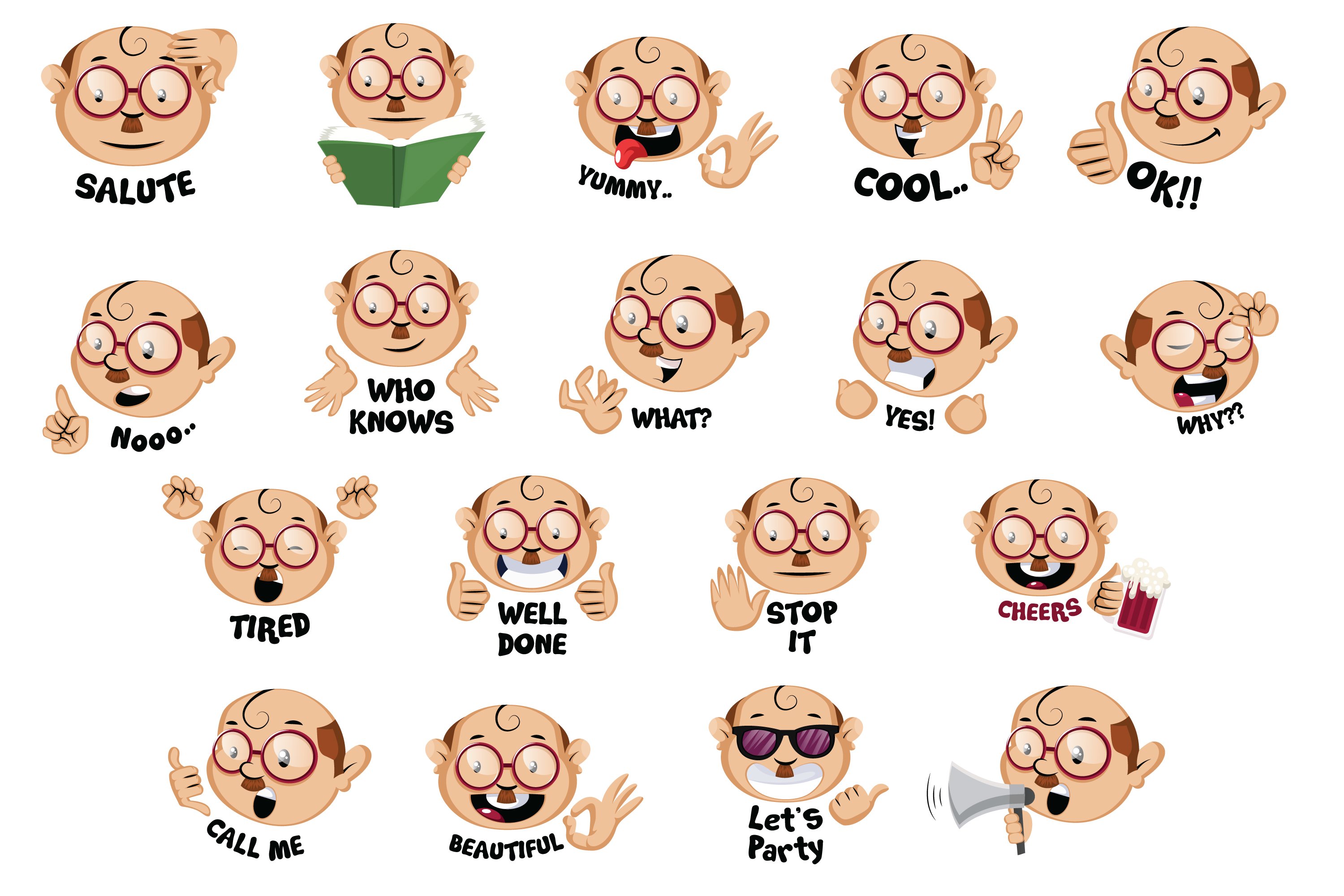 Bundle with funny images of bald men in glasses emoticons.