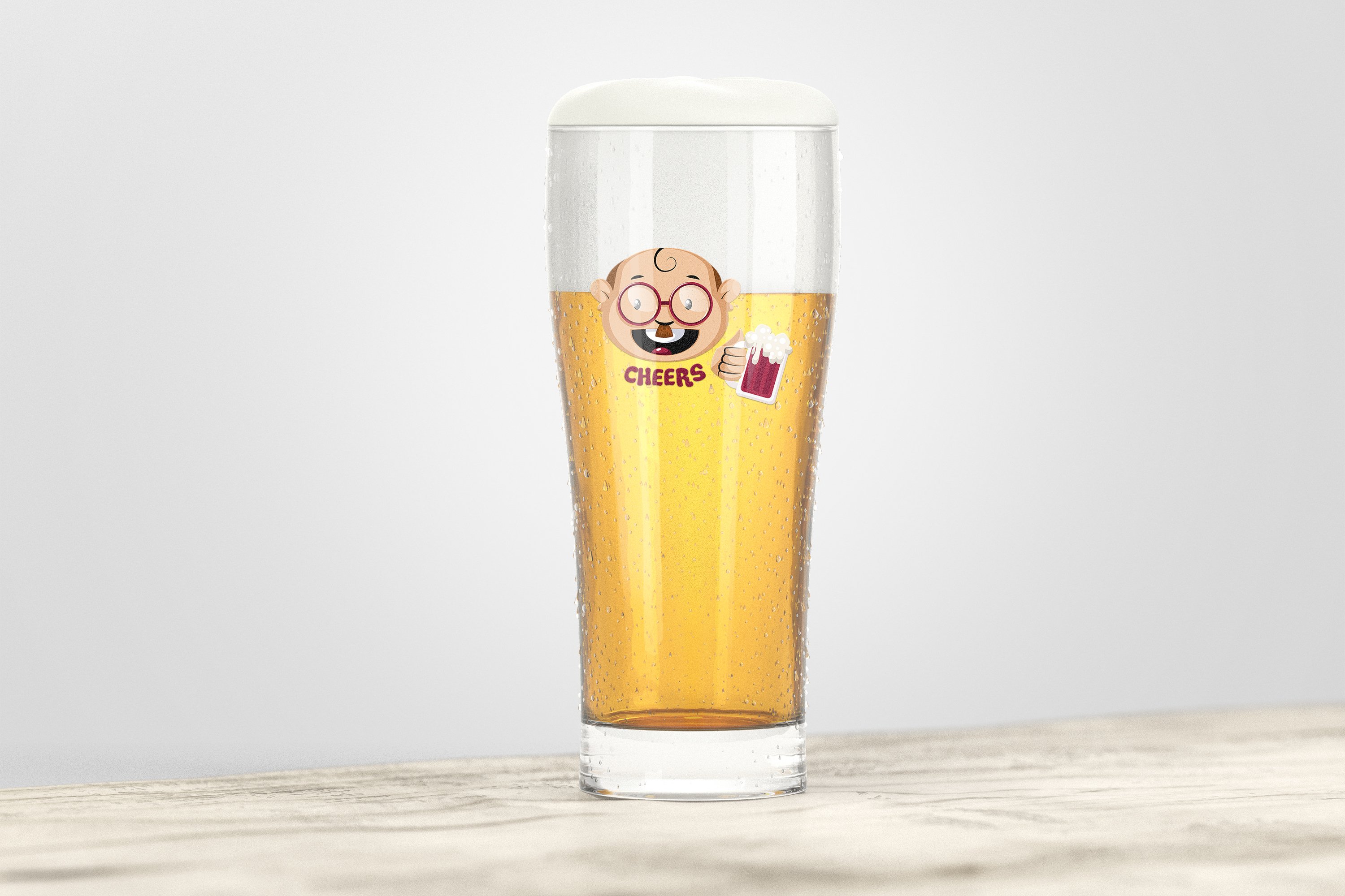Image of glass of beer with funny emoticons of bald man in glasses.
