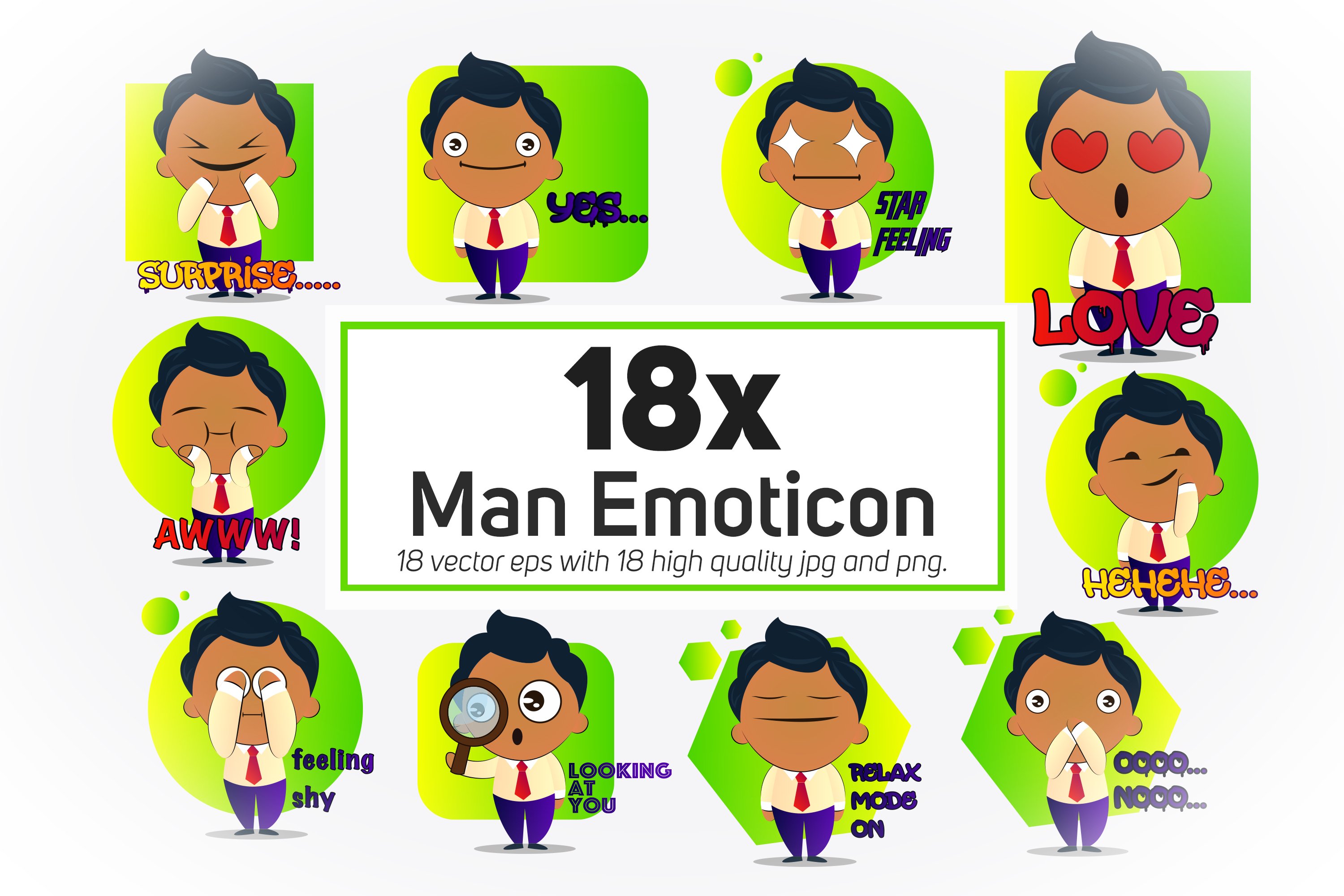 Cover with cartoon images of a man on a green background emoticons.