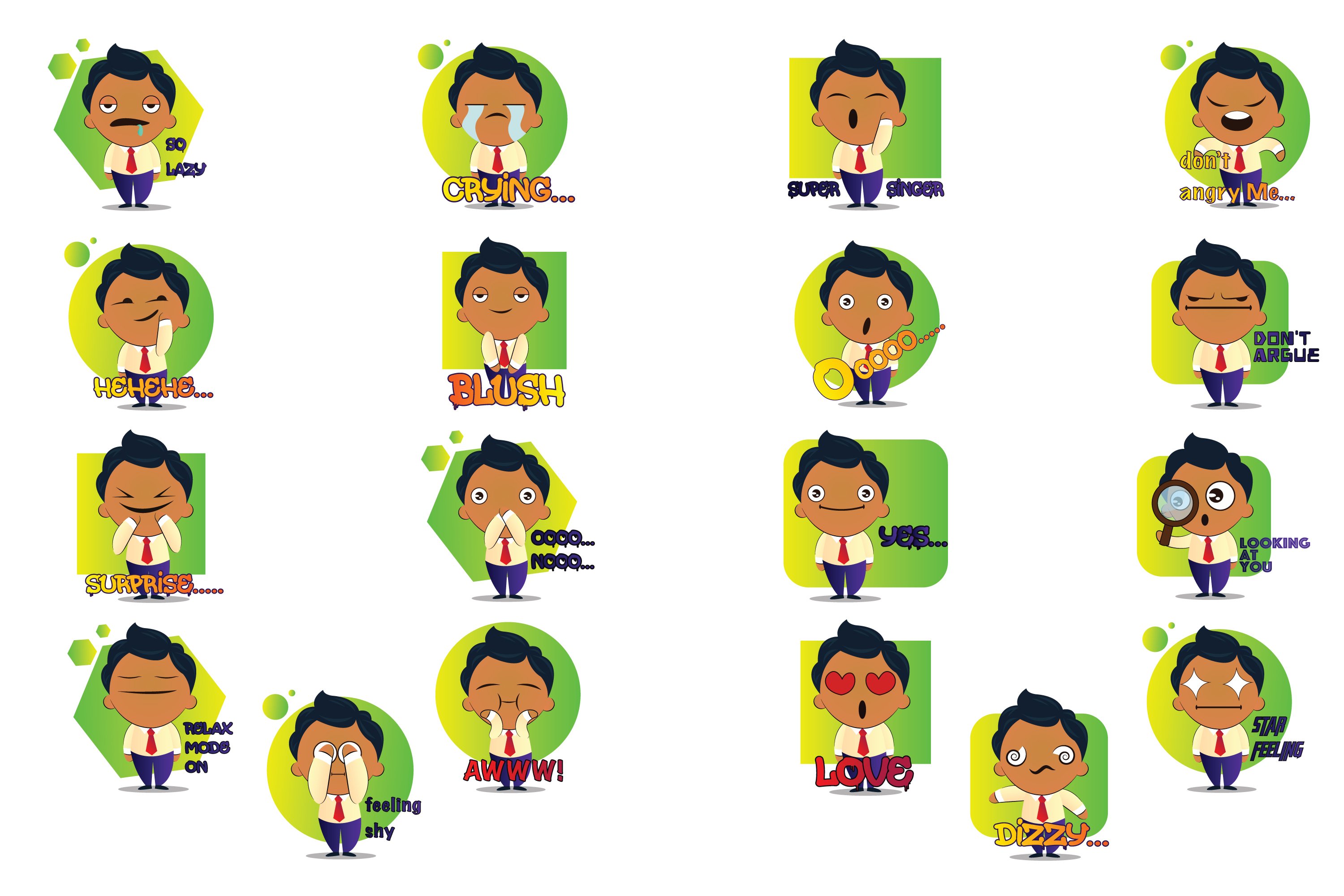 Collection of unique images of a man on a green background emoticon.