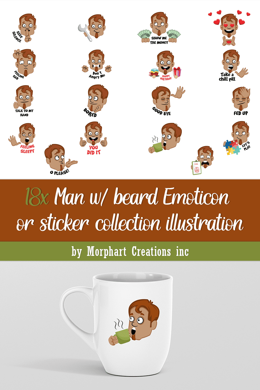 Pack of colorful images of man with beard emoticons.