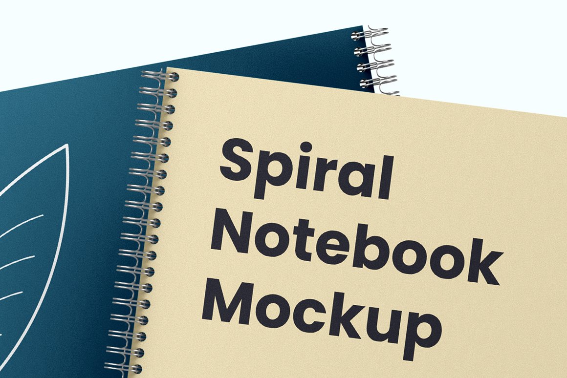 Mockup details of a beige spiral notebook and a blue spiral notebook on a white background.