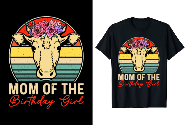 The image of a black t-shirt with an enchanting print of a cow with a wreath on the head and an inscription.