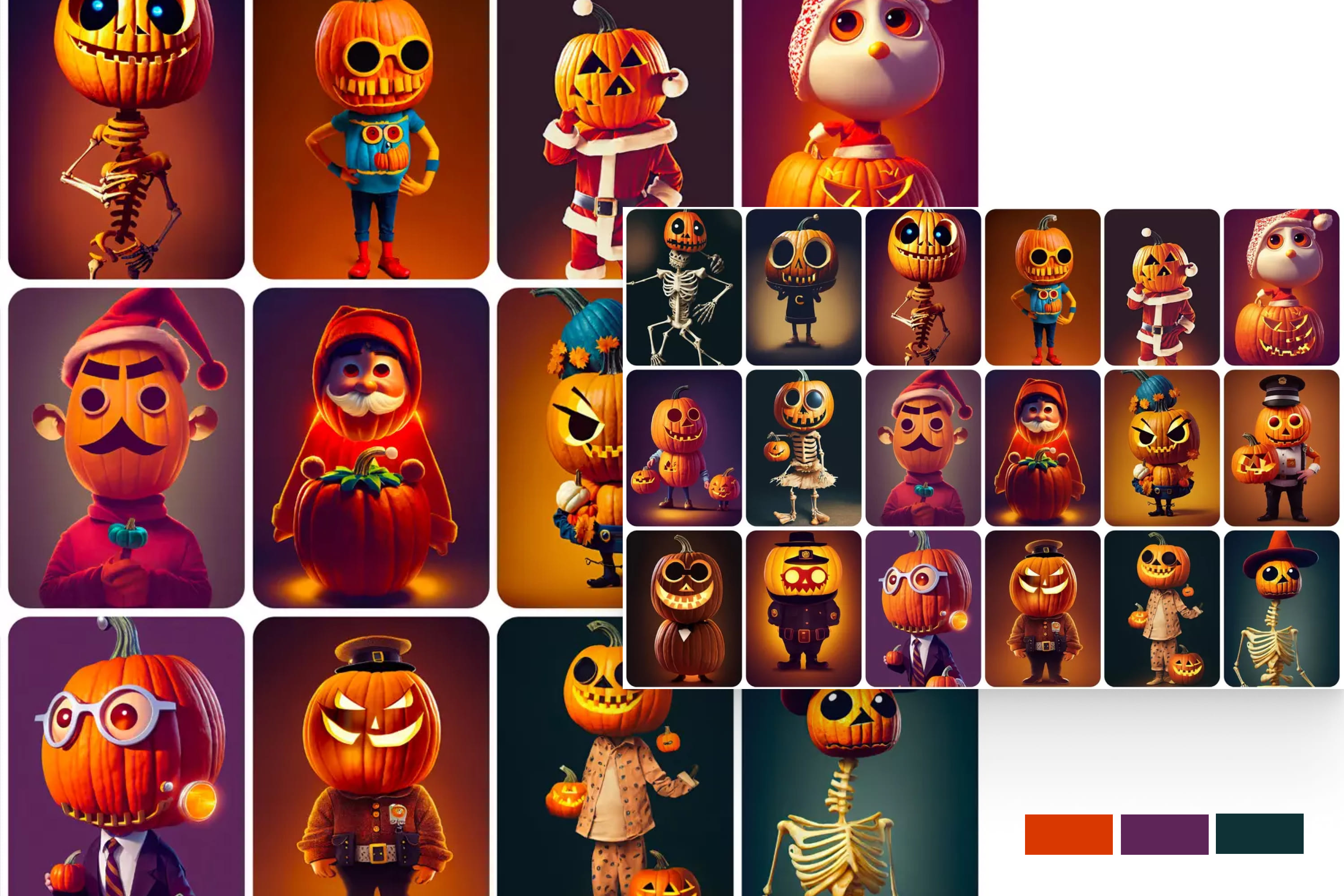 Collage of images of funny characters in the form of pumpkin men.