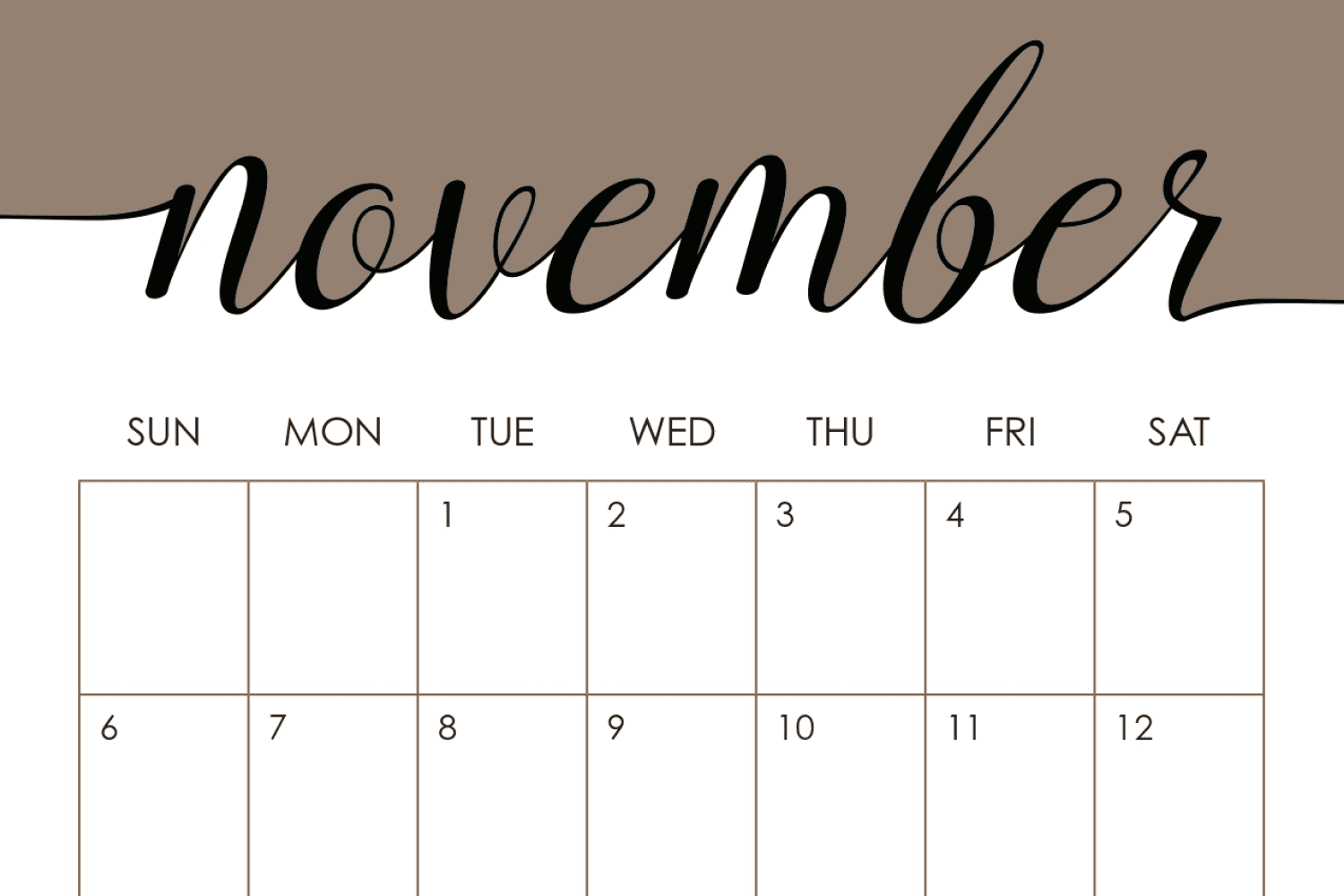 Calendar for November with a white and brown background and a large inscription November.