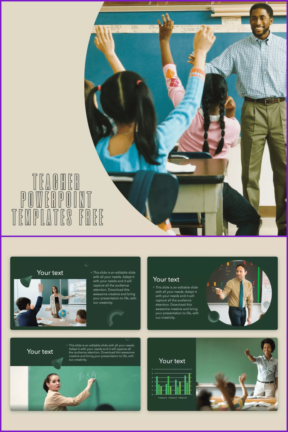 Collage of presentation pages with green backgrounds and close-ups of teachers in classrooms.