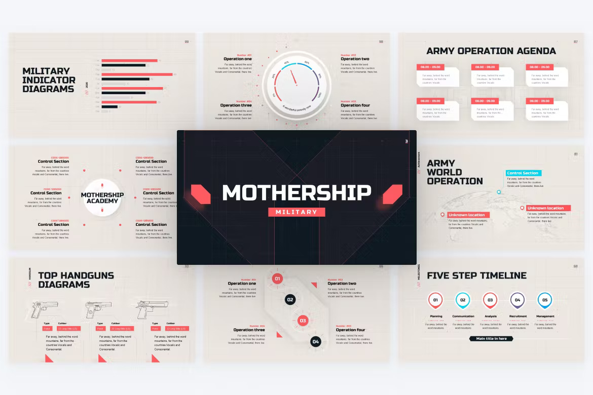 9 different grey, black and pink mothership military powerpoint templates on a gray background.