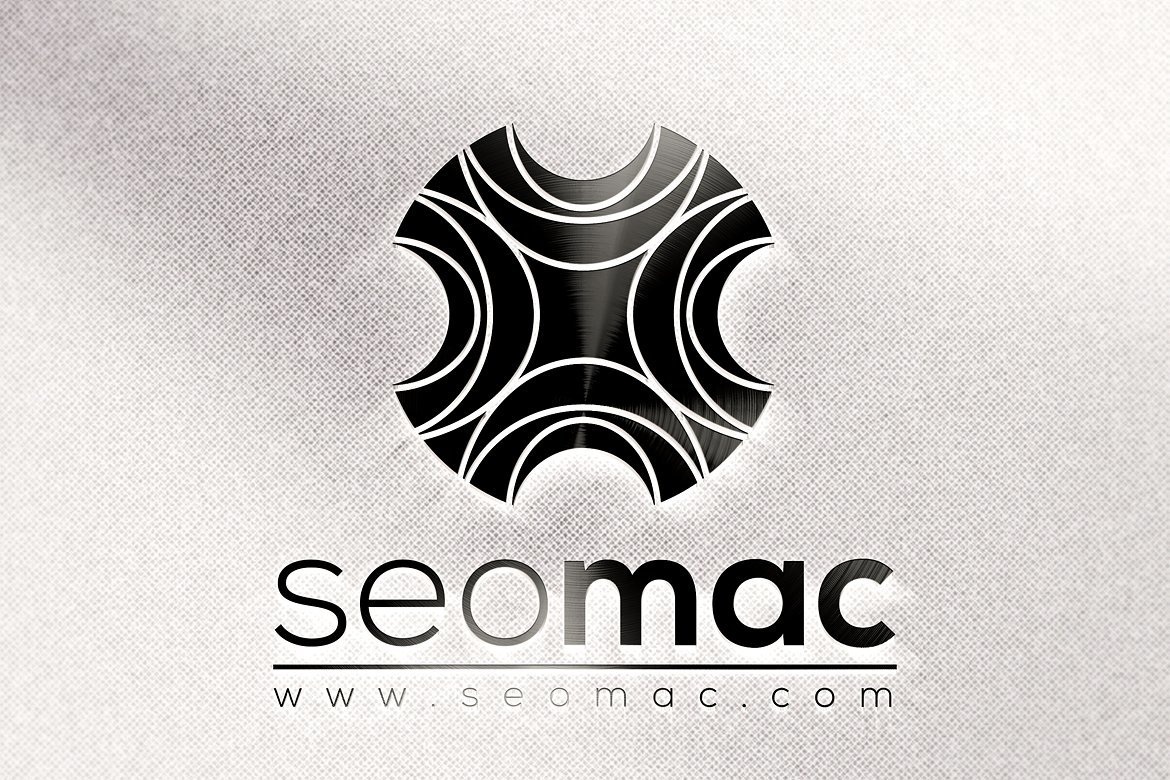 Black 3D Abstract Logo Template and black lettering "Seomac" on a gray background.