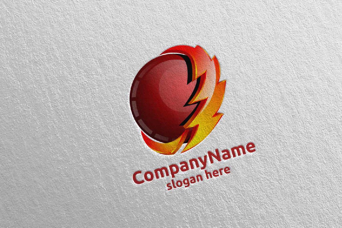 A red 3D electric lightning logo energy and thunder and red lettering "CompanyName slogan here" on a gray background.