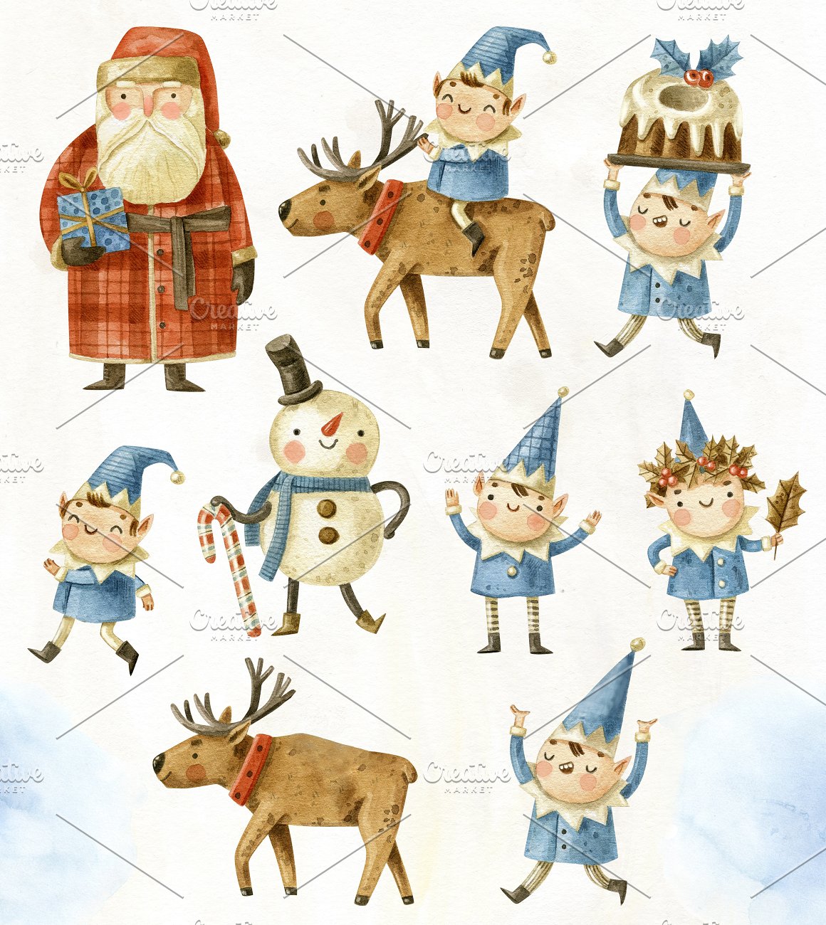 A set of different watercolor characters - santa, 6 elves, snowman and 2 reindeers on a watercolor background.