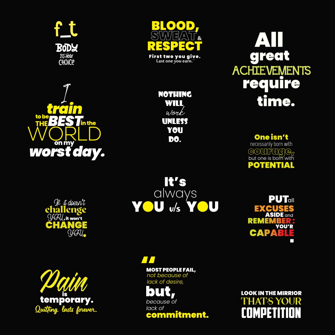Bundle of 156 T-shirt Designs with Fitness Quotes, on transparent background.