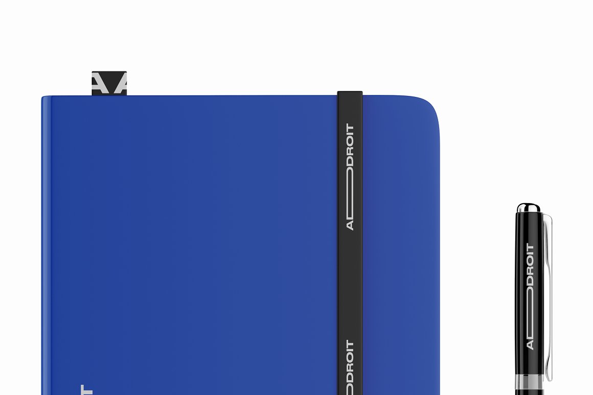 Mockup of a blue notebook with a black pen on a white background.