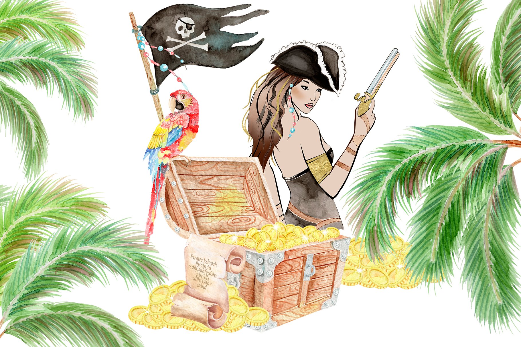 High quality watercolor pirate illustration with a parrot, women and gold.