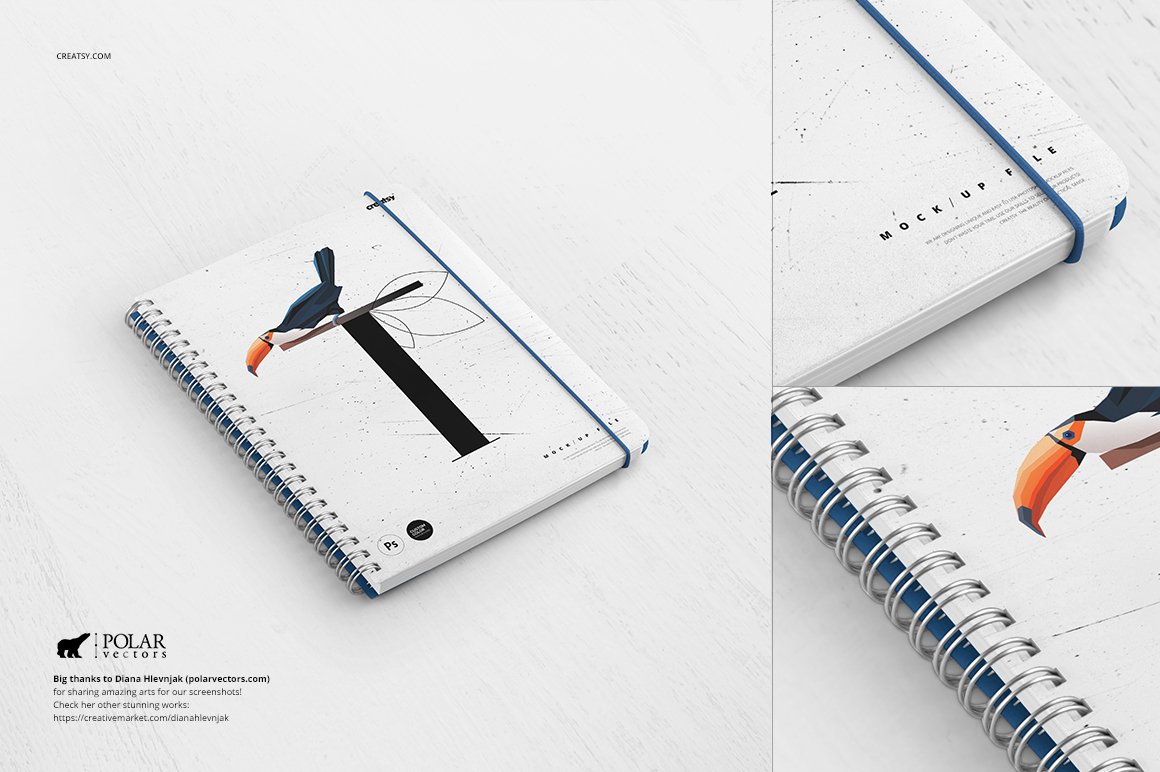 White mockup notebook with toucan and its details on a white background.