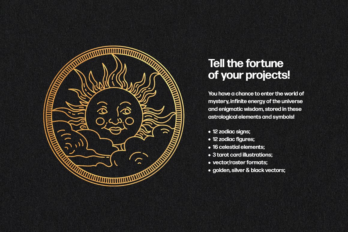 White lettering "Tell the fortune of your projects!" and golden graphic image of sun on a black background.