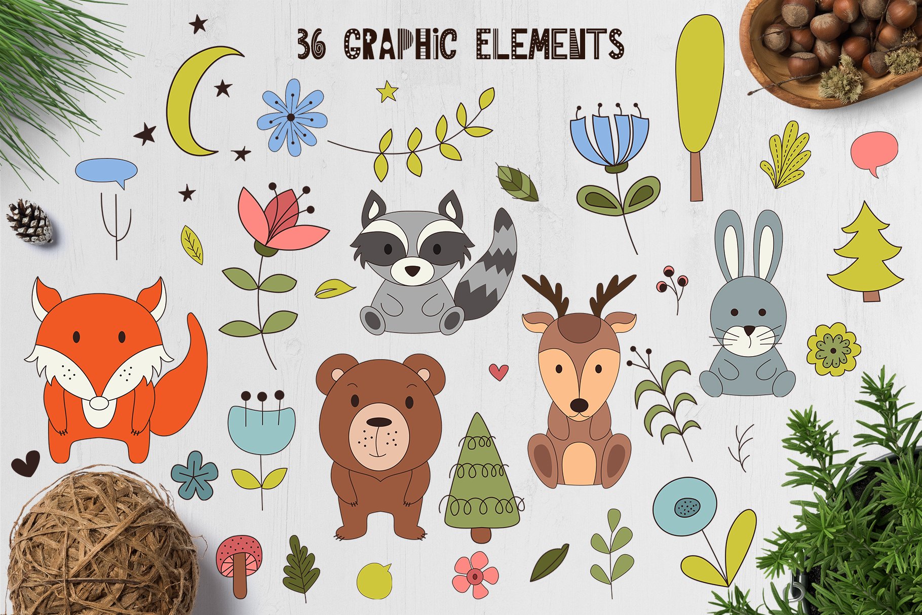 Colorful animals graphic for your forest composition.