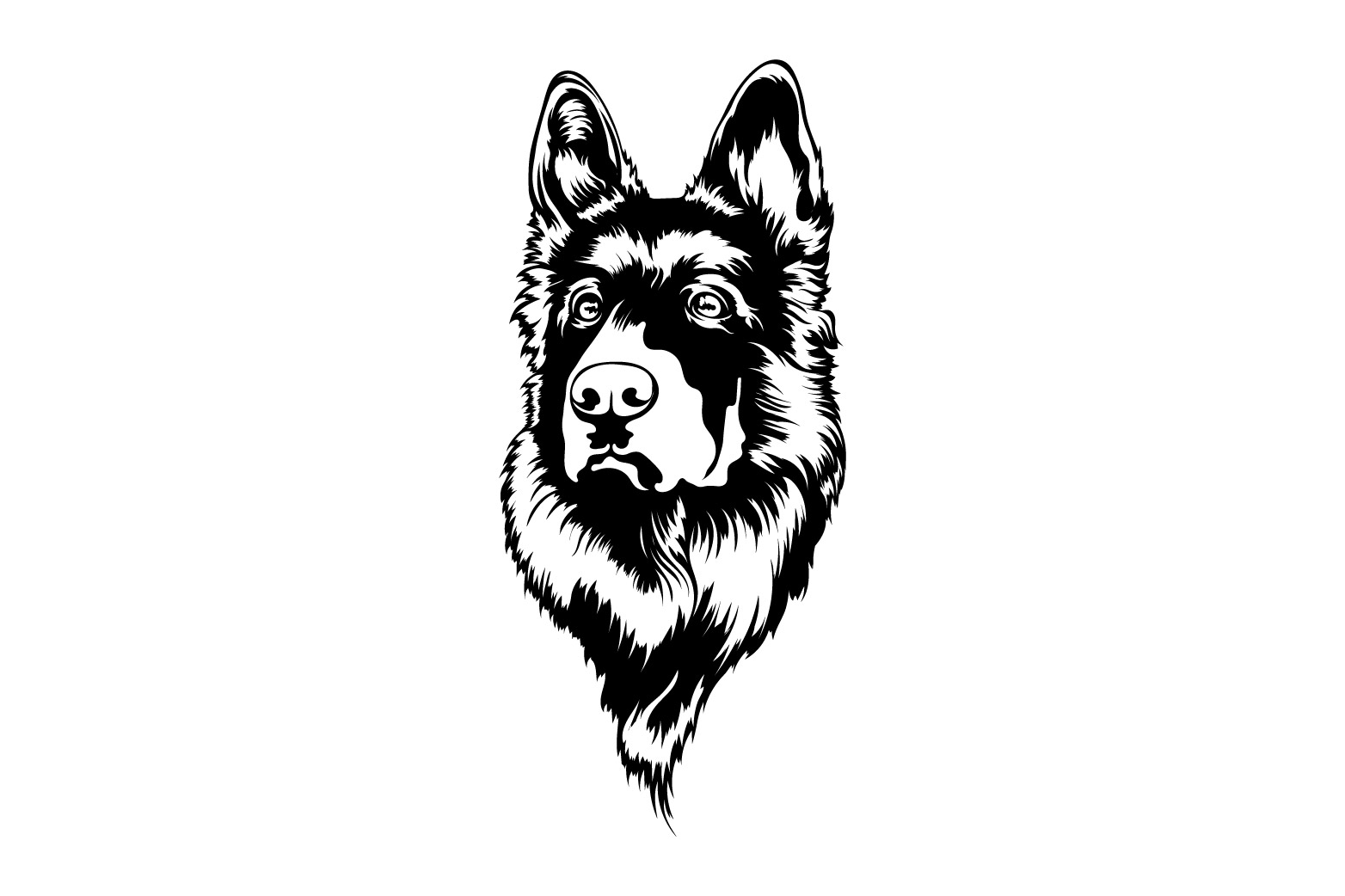 Black and white drawing of a dog's head.