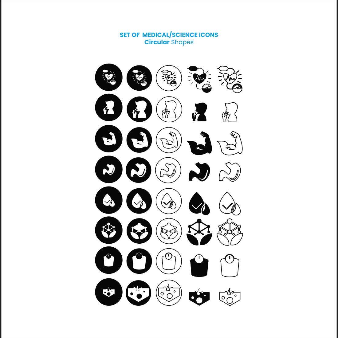 35 Science and Health Icons Bundle, black icons circular shape.