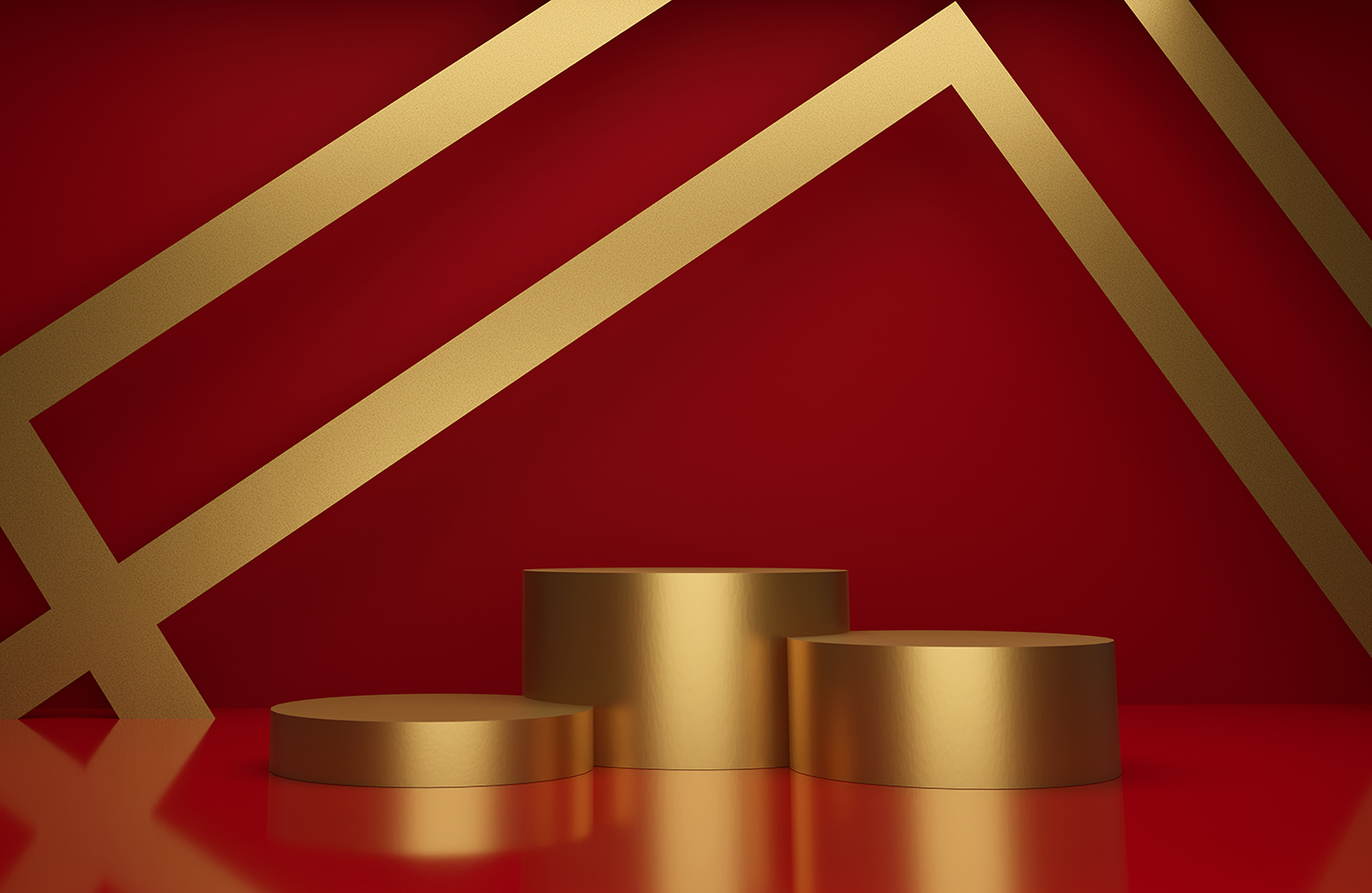 14 Product Display Podium Backgrounds, three golden podiums on red backgrounds.