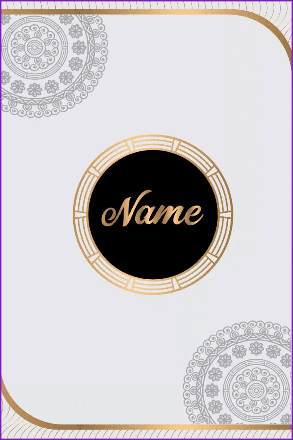 Greeting card with an ornament and a golden circle with a black background.