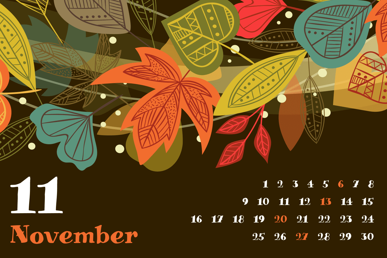 Bright calendar for November with yellow, red, orange and green leaf sketches.