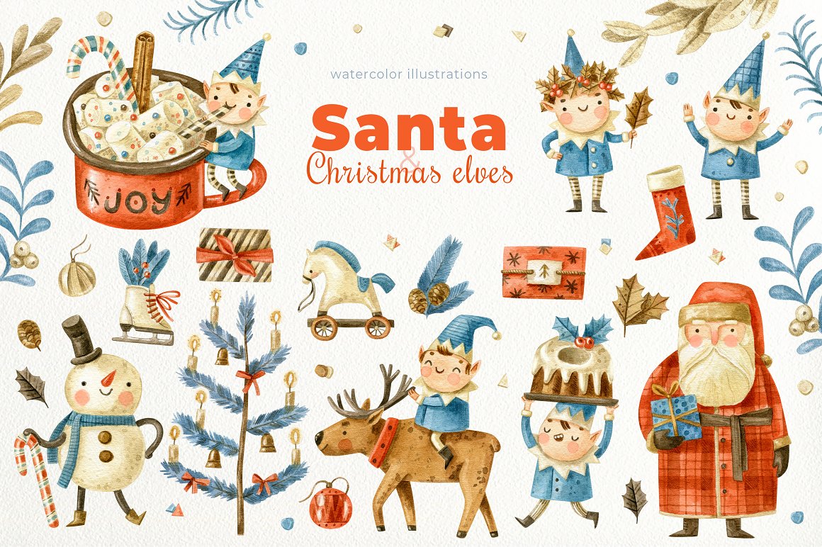Red lettering "Santa Christmas Elves" and different watercolor illustrations of characters on a white background.