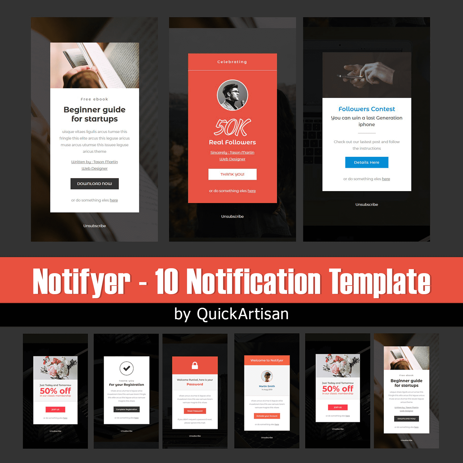 Set of images of amazing notification design templates.