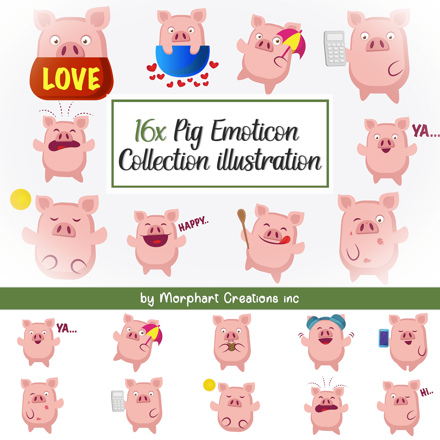 A set of adorable images of pigs emoticons.
