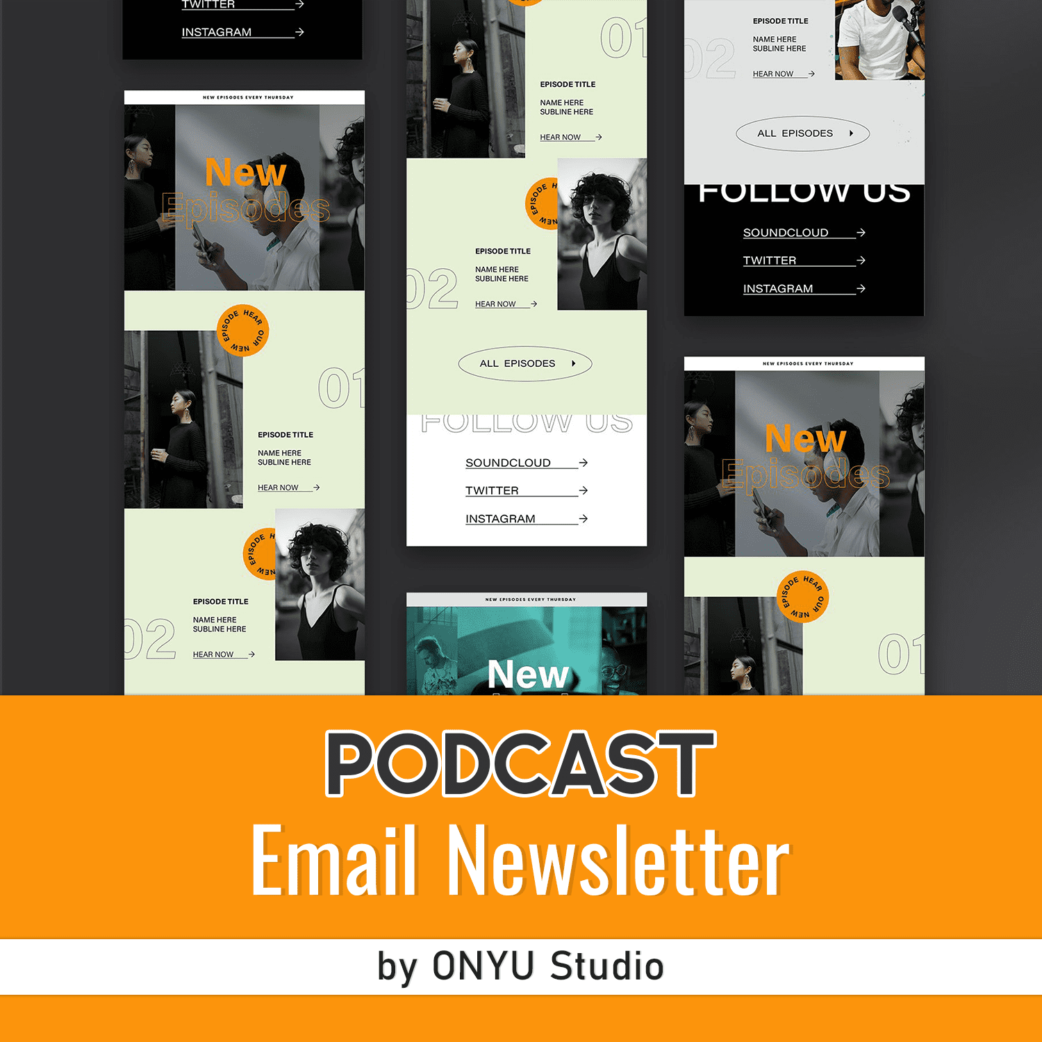 Pack of images of adorable podcast info email design template.